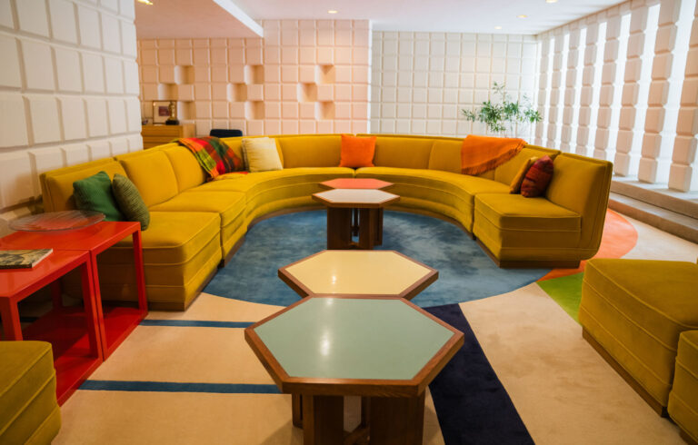 Abdow Tour Yellow Sofa Hexagonal Tables Colorful Rug