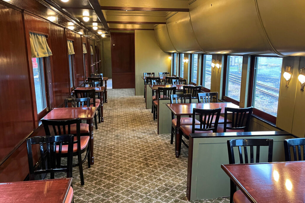Everettrailroad Tour Dining Car Wooden Tables Upholstered Chairs