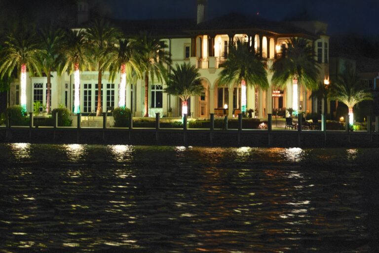 Ftlauderdaleboatrental Tour Illuminated Mansion Palm Trees Water