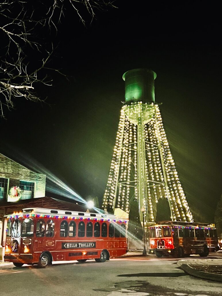 hellotrolley_tour-trolleys-lit-water-tower-night Hellotrolley Tour Trolleys Lit Water Tower Night