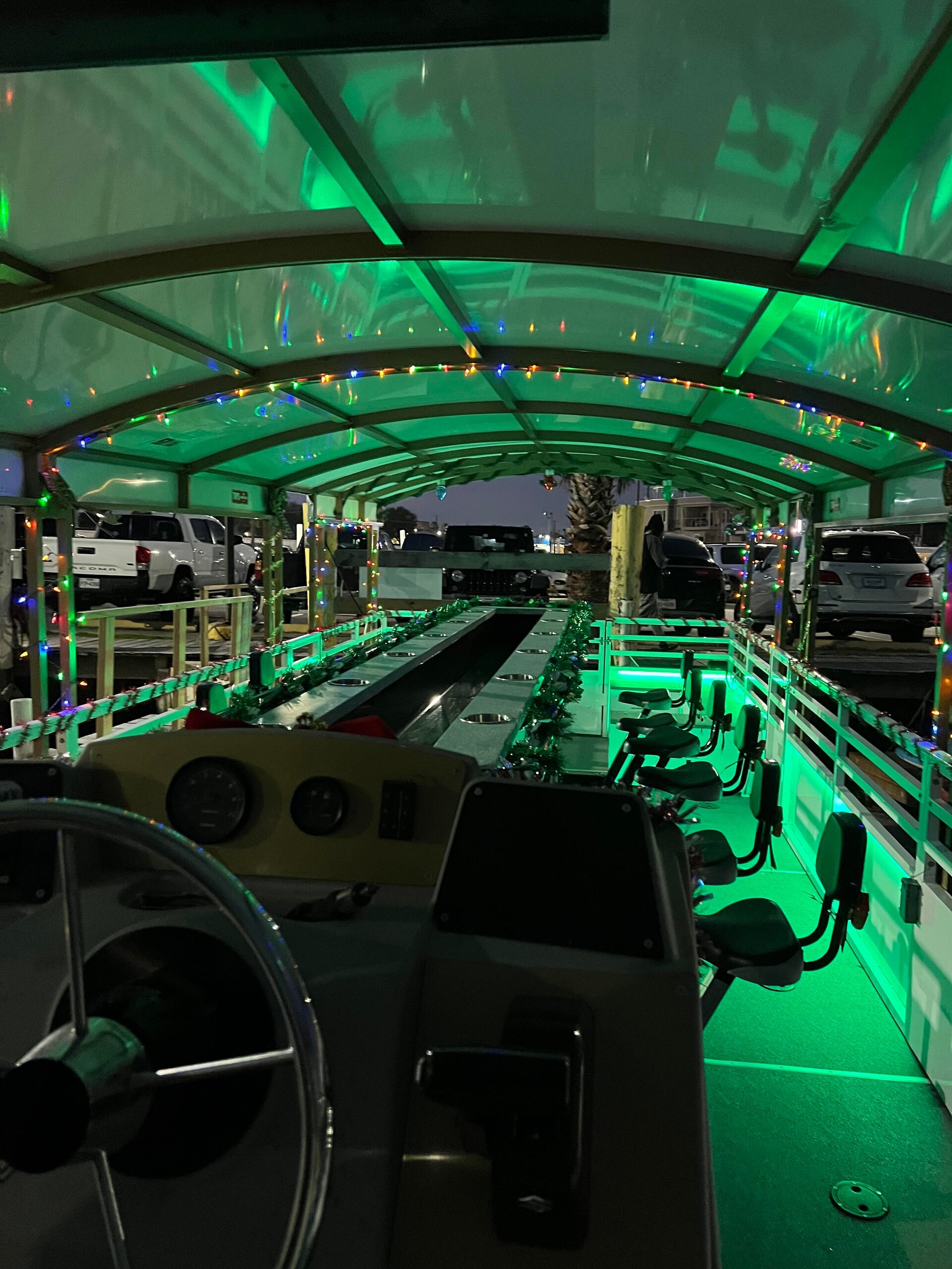 houstonpedalbarge_tour-boat-tour-interior-green-lights Houstonpedalbarge Tour Boat Tour Interior Green Lights