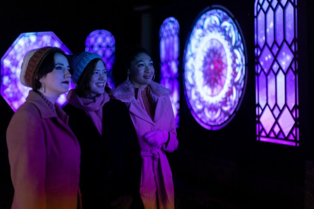 Meadowbrookhall Tour Women Colorful Lights Stained Glass