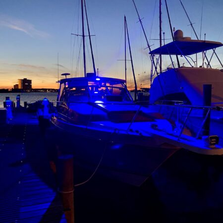 Pensacolabeachboatcharters Tour Boat Dock Sunset Blue Lights