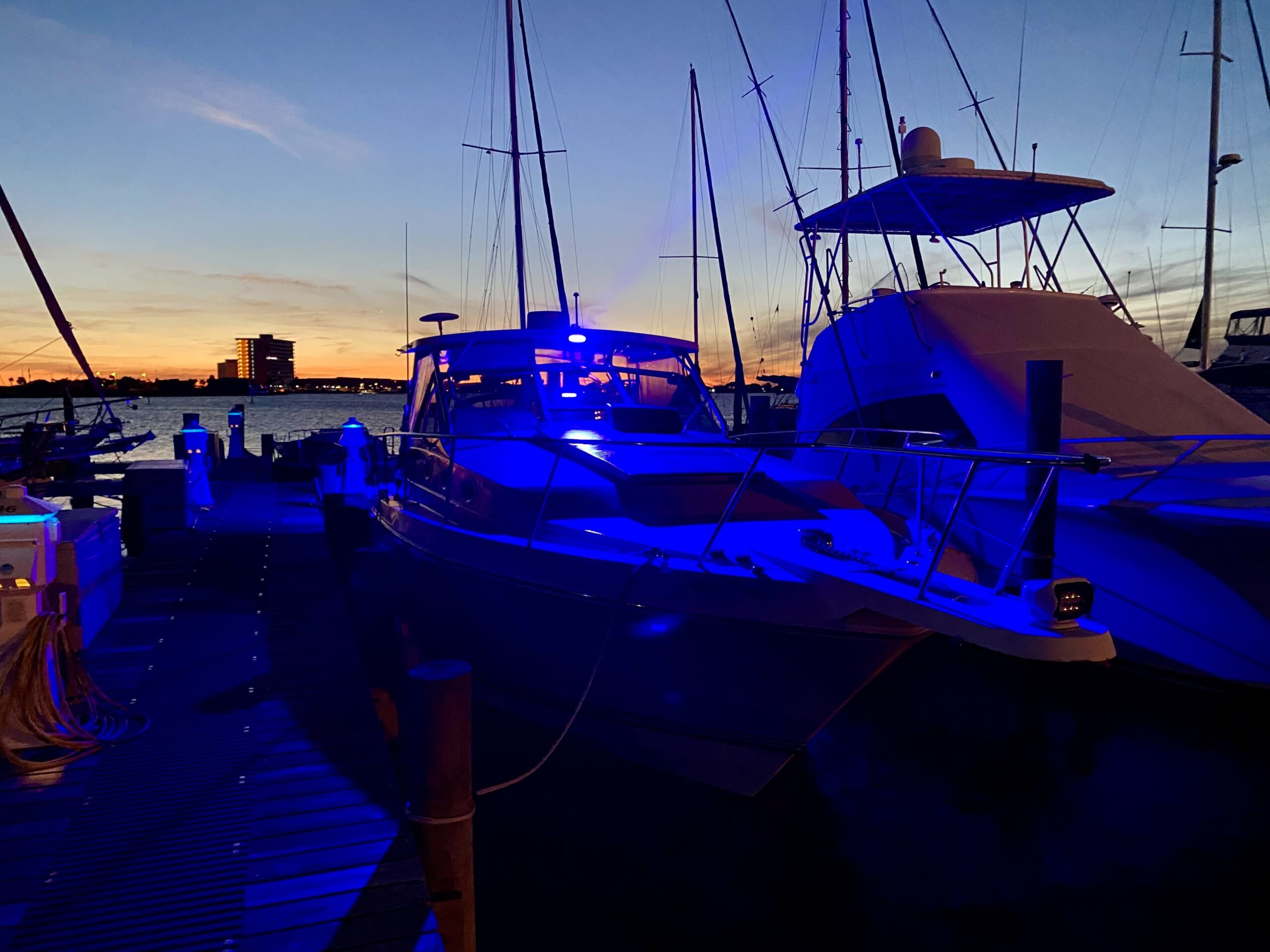Pensacolabeachboatcharters Tour Boat Dock Sunset Blue Lights