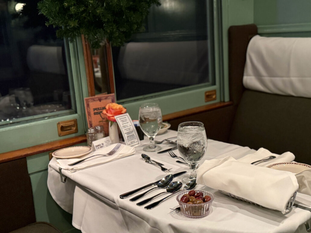 Tvrail Tour Train Dining Table Glassware Cutlery