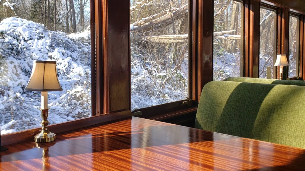 Woodstowncentral Tour Train Interior Snowy Landscape